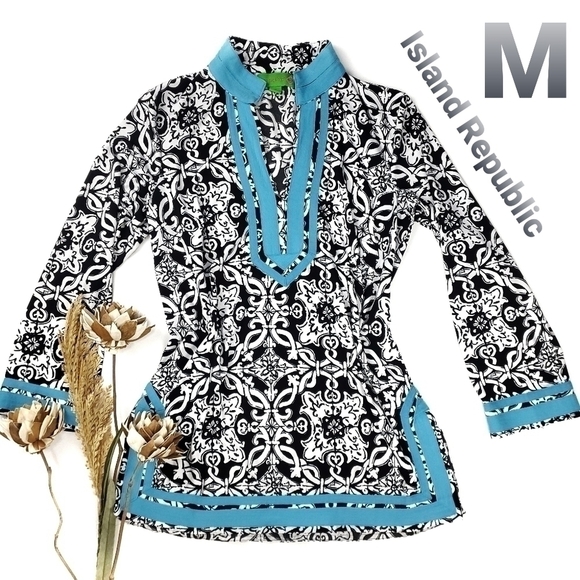 Island Republic Blk Wht Blue Boho Tunic Top Med - Picture 1 of 15